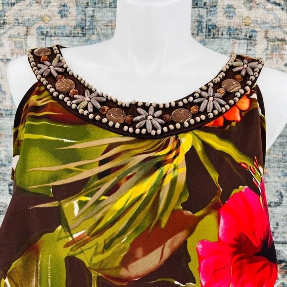 Connected Woman Beaded Neckline Dress Size 20W Tropical Print Brown, Green, Red - Picture 3 of 11